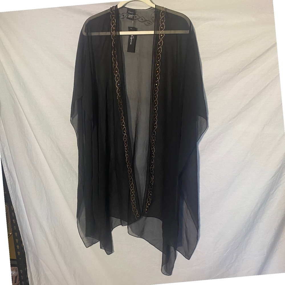 Cejon Womens Black Sheer Chiffon Kimono Wrap Beaded Gold Trim One Size NWT